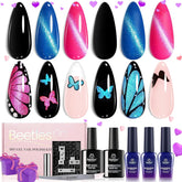 Beetles Cat Eye Gel Nail Polish Set with Glossy Top & Base Coat, Pink Blue Gel Polish Cat Eye Gel Nail Butterfly Storm DIY Kit Soak Off LED, Nail Art Salon at Home Beauty Gifts for Her Women