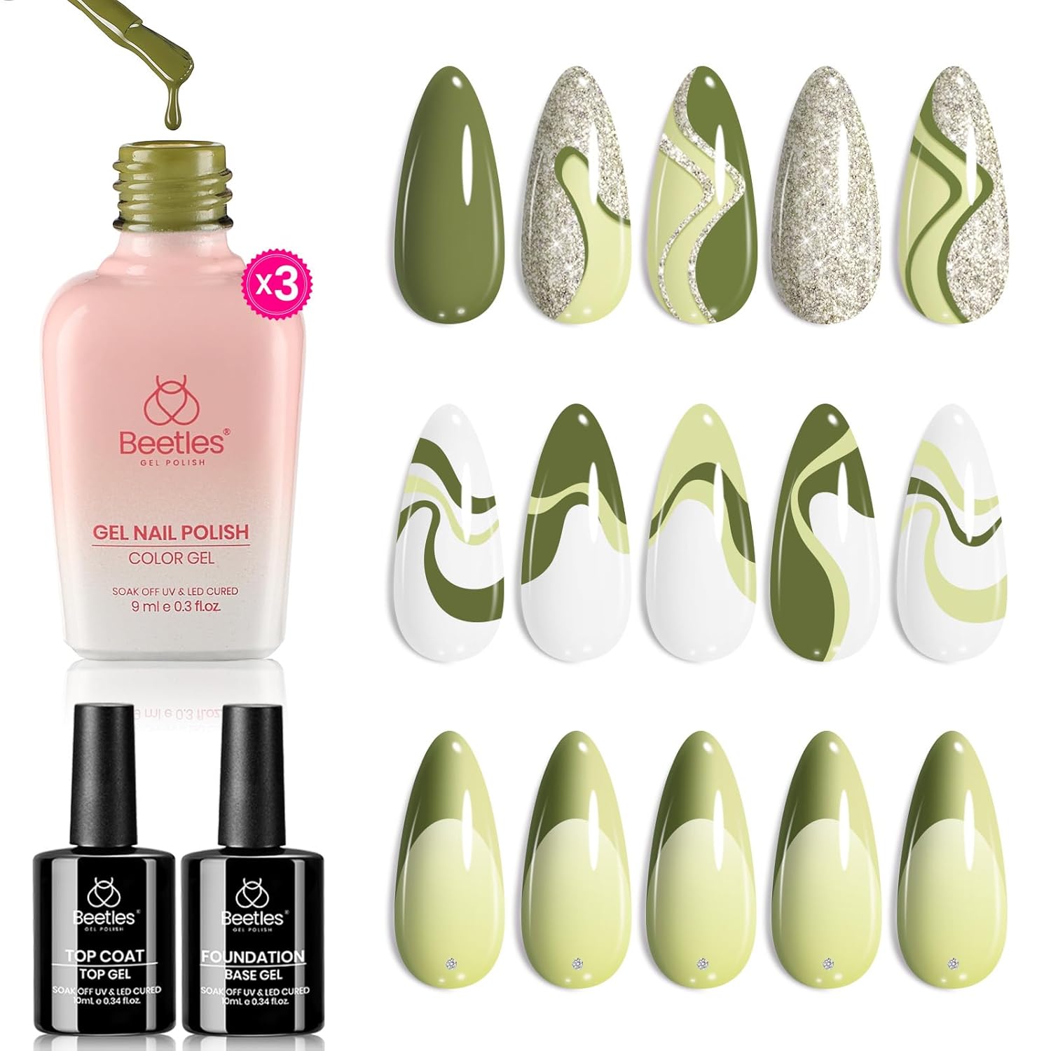 Beetles Christmas Gift Gel Nail Polish Set, Beetles X DIY Nail with Base&Top Coat Green Glitter White Wilderness City Gel Polish for DIY Series Color Trend Set
