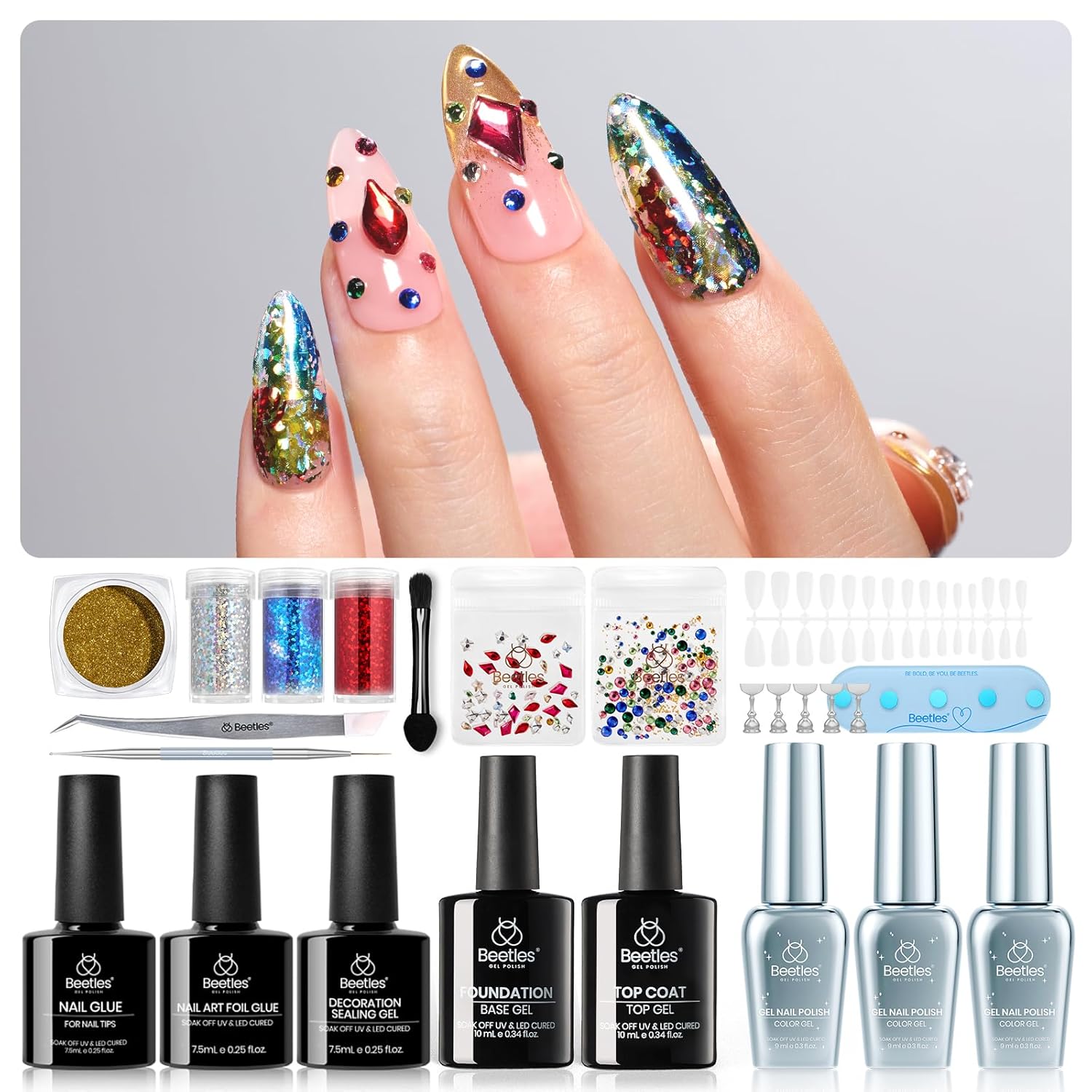 beetles Gel Nail Polish Valentine Gift Set-All in 1 Gel Polish Kit Beetles X DIY nail UV Gel Polish with Top Base Coat,Nail Glue,Nail Tips,Nail Charms-Special Elegant DIY Nail Kit for Women