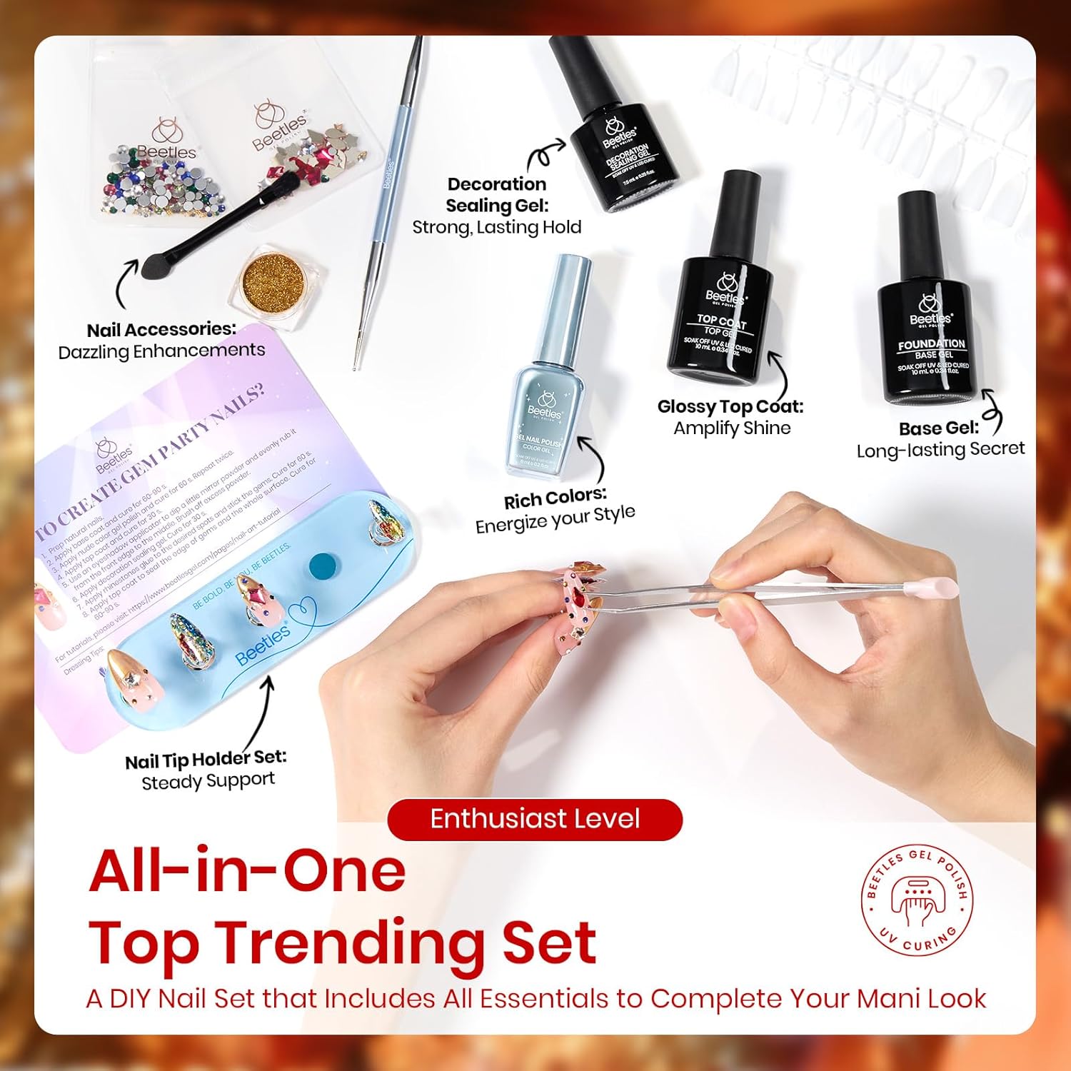beetles Gel Nail Polish Valentine Gift Set-All in 1 Gel Polish Kit Beetles X DIY nail UV Gel Polish with Top Base Coat,Nail Glue,Nail Tips,Nail Charms-Special Elegant DIY Nail Kit for Women