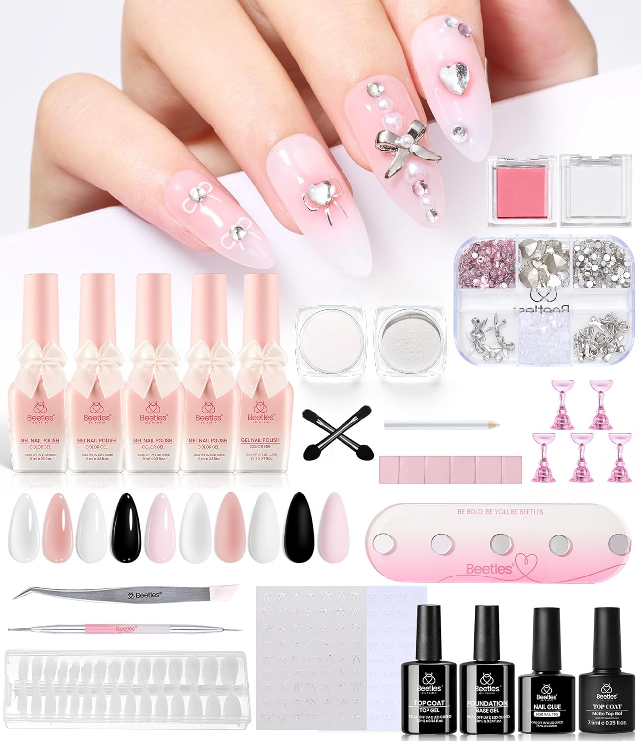 beetles Gel Nail Polish Valentine Gift Set-All in 1 Gel Polish Kit Beetles X DIY nail UV Gel Polish with Top Base Coat,Nail Glue,Nail Tips,Nail Charms-Special Elegant DIY Nail Kit for Women