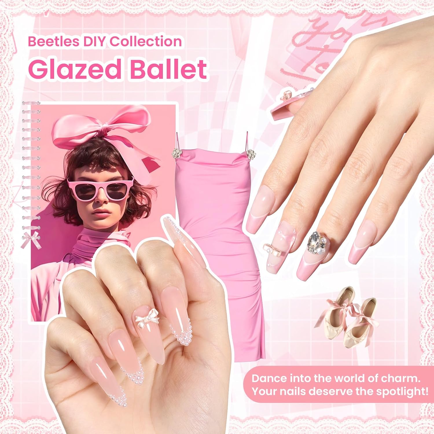 Beetles Christmas Gift Gel Nail Polish Set, Wedding Nail Lace Poem Beetles X DIY Nail Trend Kit with Bow Pearl Lace Transfer Stickers and Manicure Tools Gifts for Women