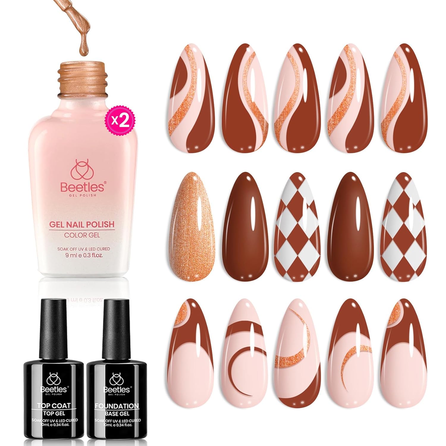 Beetles Christmas Gift Gel Nail Polish Set, Beetles X DIY Nail Brown Glitter Gel Nail Polish with Base&Top Coat for DIY Series Color Trend Set