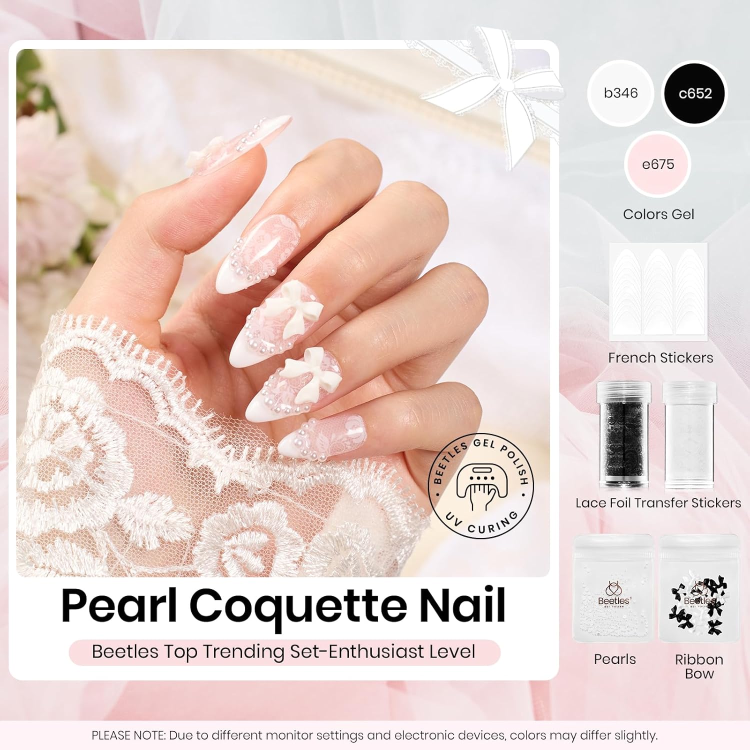 Beetles Christmas Gift Gel Nail Polish Set, Wedding Nail Lace Poem Beetles X DIY Nail Trend Kit with Bow Pearl Lace Transfer Stickers and Manicure Tools Gifts for Women