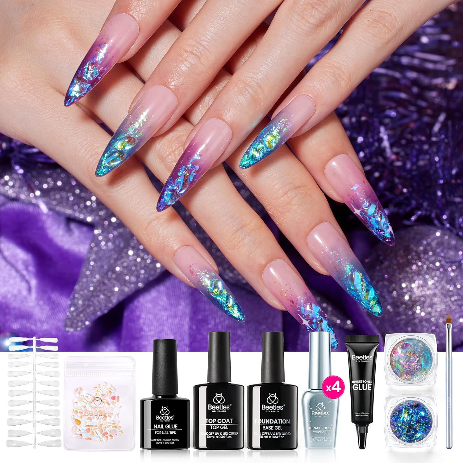 beetles Gel Nail Polish Valentine Gift Set-All in 1 Gel Polish Kit Beetles X DIY nail UV Gel Polish with Top Base Coat,Nail Glue,Nail Tips,Nail Charms-Special Elegant DIY Nail Kit for Women
