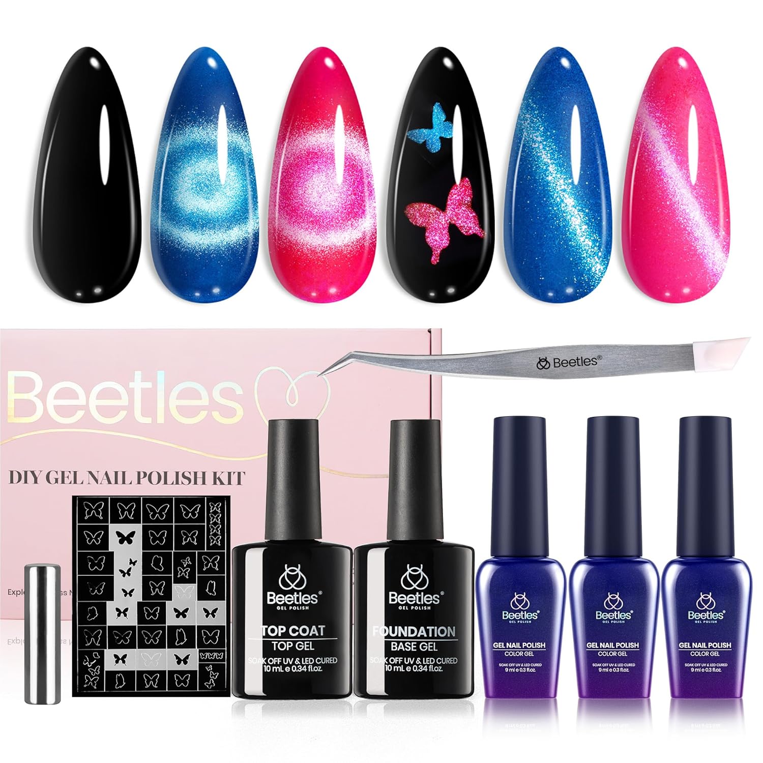 Beetles Cat Eye Gel Nail Polish Set with Glossy Top & Base Coat, Pink Blue Gel Polish Cat Eye Gel Nail Butterfly Storm DIY Kit Soak Off LED, Nail Art Salon at Home Beauty Gifts for Her Women