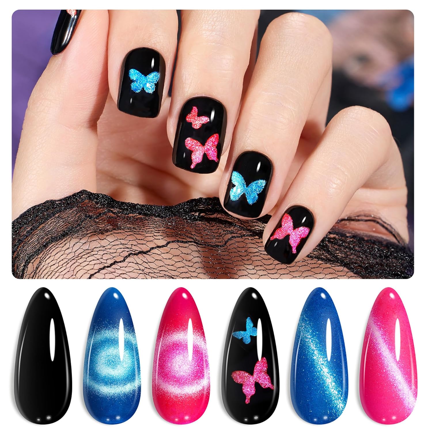 Beetles Cat Eye Gel Nail Polish Set with Glossy Top & Base Coat, Pink Blue Gel Polish Cat Eye Gel Nail Butterfly Storm DIY Kit Soak Off LED, Nail Art Salon at Home Beauty Gifts for Her Women