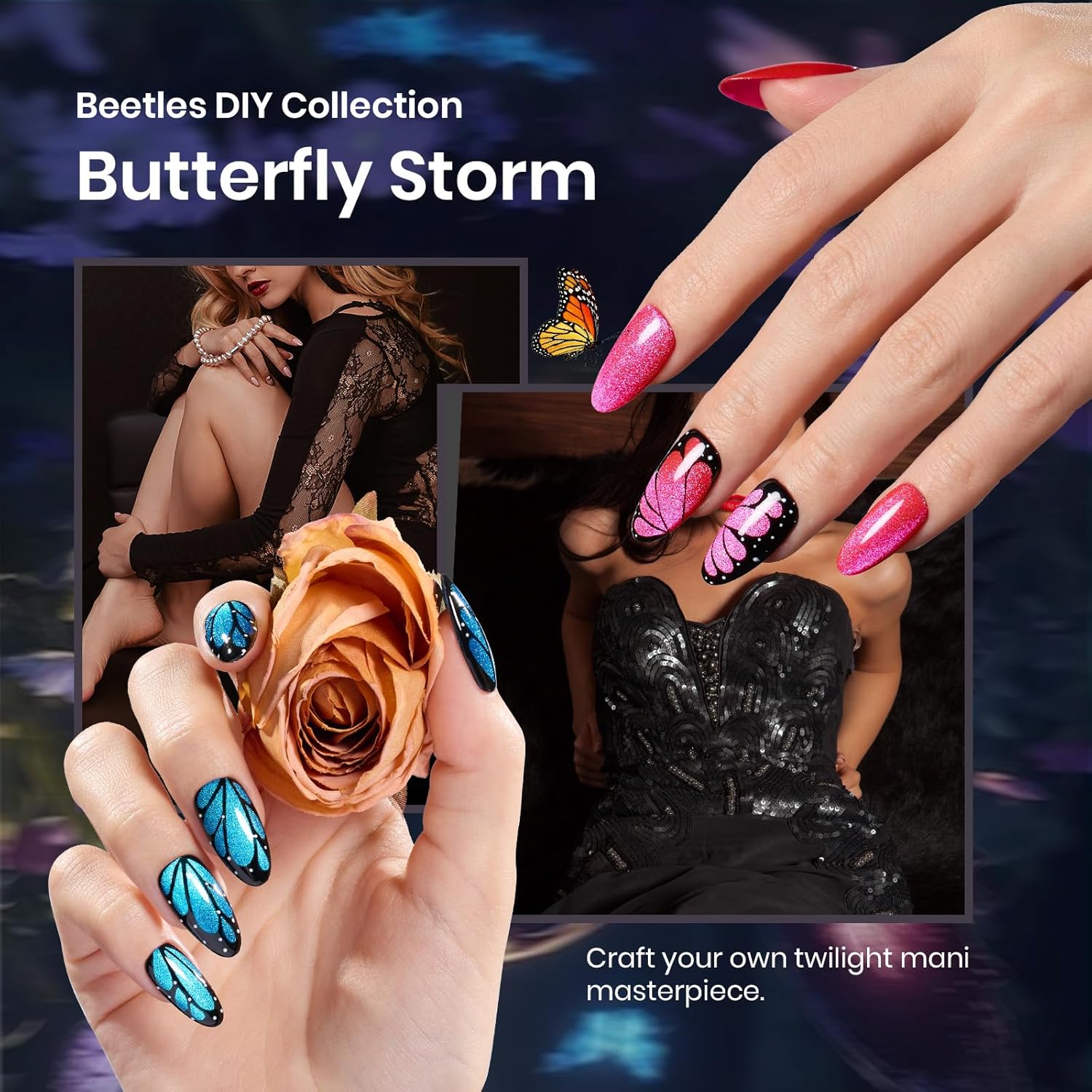 Beetles Cat Eye Gel Nail Polish Set with Glossy Top & Base Coat, Pink Blue Gel Polish Cat Eye Gel Nail Butterfly Storm DIY Kit Soak Off LED, Nail Art Salon at Home Beauty Gifts for Her Women