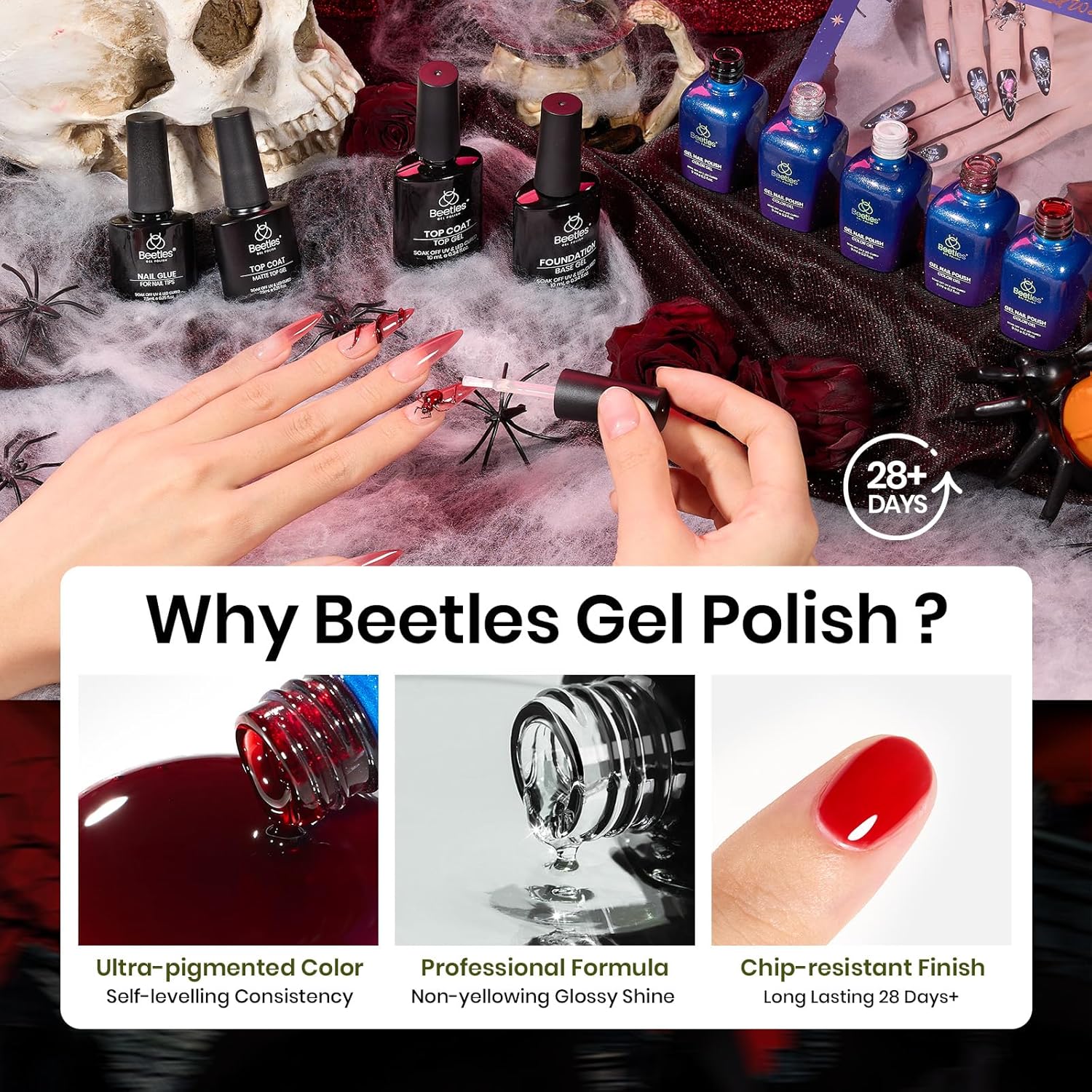beetles Gel Nail Polish Valentine Gift Set-All in 1 Gel Polish Kit Beetles X DIY nail UV Gel Polish with Top Base Coat,Nail Glue,Nail Tips,Nail Charms-Special Elegant DIY Nail Kit for Women
