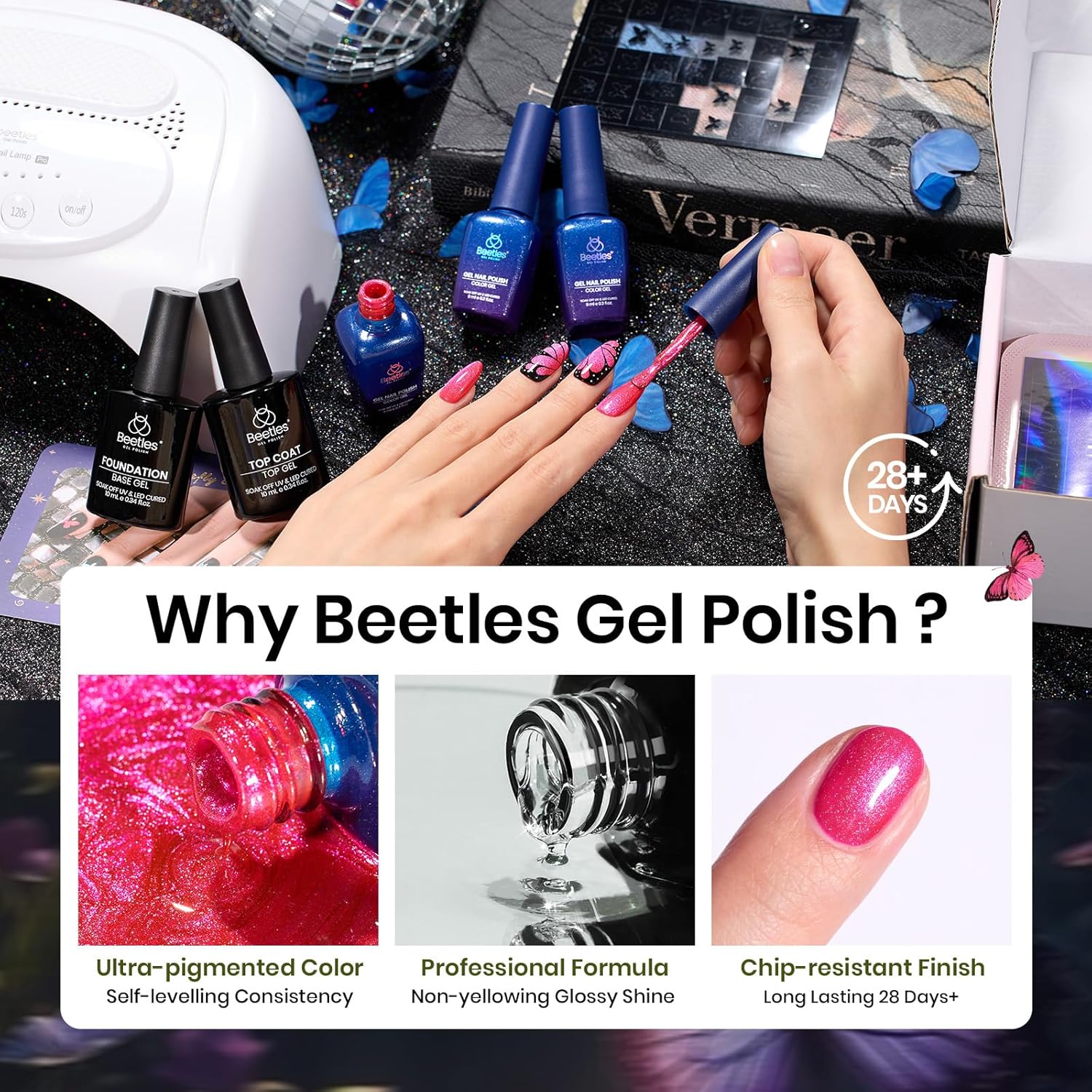 Beetles Cat Eye Gel Nail Polish Set with Glossy Top & Base Coat, Pink Blue Gel Polish Cat Eye Gel Nail Butterfly Storm DIY Kit Soak Off LED, Nail Art Salon at Home Beauty Gifts for Her Women