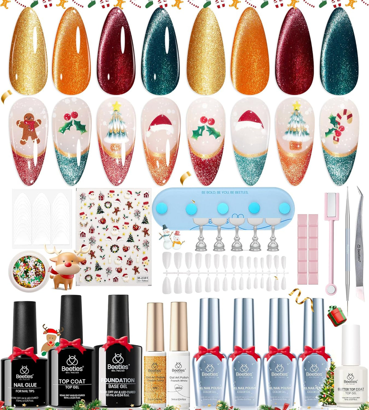Beetles Gel Nail Polish Set Red Green Cat Eye Gel Polish and Gold Metallic Nail Art Gel Liner with Base&Top Coat Beetles X DIY Nail Stickers for Party Gift Women