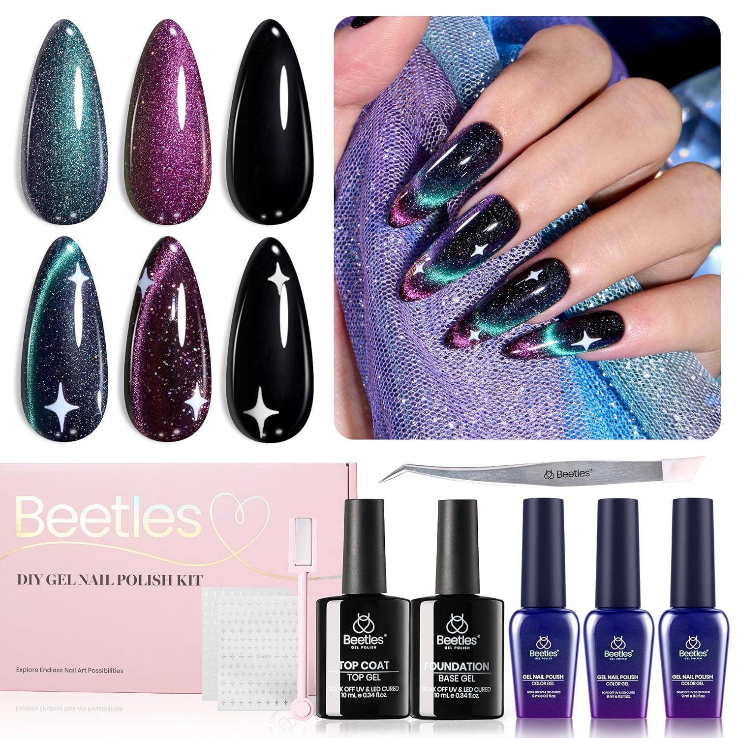 Beetles Christmas Gift Gel Nail Polish Set, Wedding Nail Lace Poem Beetles X DIY Nail Trend Kit with Bow Pearl Lace Transfer Stickers and Manicure Tools Gifts for Women